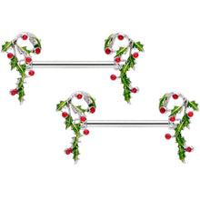 Load image into Gallery viewer, 14G 5/8 Pink CZ Gem Candy Cane Holly Christmas Nipple Ring Set
