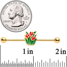 Load image into Gallery viewer, 14G Gold Tone Red Tulip Flowers Industrial Barbell 38mm
