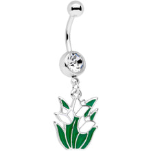 Load image into Gallery viewer, Clear Gem White Spring Tulip Flowers Dangle Belly Ring
