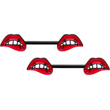 将图片加载到图库查看器，14G 9/16 Black Red Sneering Bite Lips Barbell Nipple Ring Set
