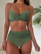 Load image into Gallery viewer, Tropical Vibe High Waist Bikini Set – Flirty V-Neck Swimsuit with Layered Colorblock High Cut Bottom Crisscross Strap Detail &amp; Ultra-Stretch Comfort – Women's Two Piece Swimwear for Summer Beach Pool &amp; Vacation Fun
