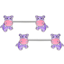 Load image into Gallery viewer, 14G 9/16 Happy Purple Hippo Barbell Nipple Ring Set
