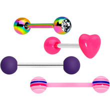 Load image into Gallery viewer, Clear Gem Rainbow Pink Heart Purple Barbell Tongue Ring Set of 4
