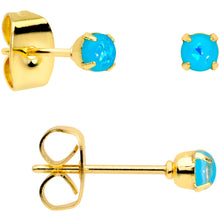 Load image into Gallery viewer, 20G Blue Faux Opal Gold Tone 3mm to 5mm Stud Earrings Set of 3
