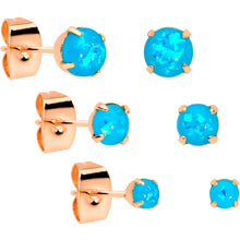 Load image into Gallery viewer, 20G Blue Faux Opal Rose Gold Tone 3mm 5mm Stud Earrings Set of 3
