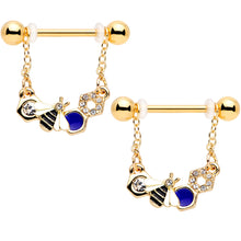 Load image into Gallery viewer, 14G 9/16 Clear CZ Gem Gold Tone Lovely Bee Dangle Nipple Ring Set
