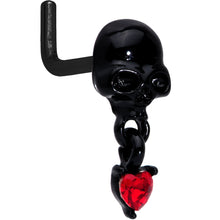 Load image into Gallery viewer, 18G 1/4 Red CZ Gem Heart Black Skull Halloween L Shape Nose Ring
