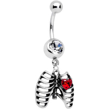 Load image into Gallery viewer, Red CZ Gem Heart Skeleton Ribs Halloween Dangle Belly Ring
