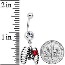 Load image into Gallery viewer, Red CZ Gem Heart Skeleton Ribs Halloween Dangle Belly Ring
