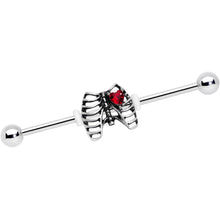 Load image into Gallery viewer, 14G Red CZ Gem Heart Skeleton Halloween Industrial Barbell 38mm
