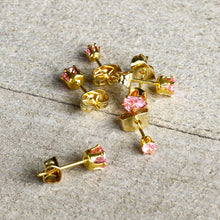 Load image into Gallery viewer, 20G Pink CZ Gem Gold Tone 3mm to 5mm Post Stud Earring Set of 3
