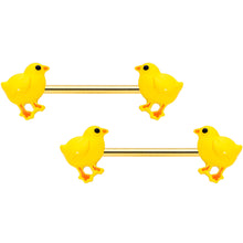将图片加载到图库查看器，14G 9/16 Gold Tone Yellow Easter Chick Barbell Nipple Ring Set
