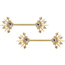Load image into Gallery viewer, 14G 5/8 Clear CZ Gem Gold Hue Elegant Crest Barbell Nipple Ring Set
