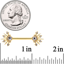 Load image into Gallery viewer, 14G 5/8 Clear CZ Gem Gold Hue Elegant Crest Barbell Nipple Ring Set
