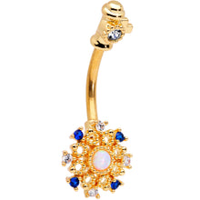 Load image into Gallery viewer, White Synthetic Opal Gold Tone Key Double Mount Belly Ring
