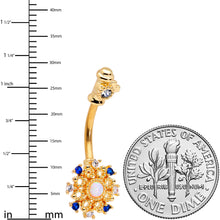 Load image into Gallery viewer, White Synthetic Opal Gold Tone Key Double Mount Belly Ring
