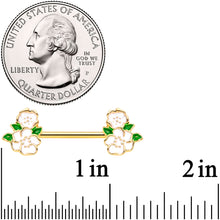 Load image into Gallery viewer, 14G 9/16 Gold Tone White Spring Flower Barbell Nipple Ring Set
