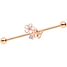 将图片加载到图库查看器，14G Clear CZ Gem Rose Gold Tone Butterfly Industrial Barbell 38mm
