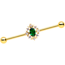 Load image into Gallery viewer, 14G Green Gem Gold Tone Oval Sunburst Industrial Barbell 38mm
