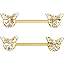 Load image into Gallery viewer, 14G 9/16 Clear CZ Gem Gold Tone Open Butterfly Nipple Ring Set
