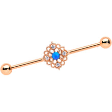 Load image into Gallery viewer, 14G Blue Synth Opal Rose Gold Tone Lacy Industrial Barbell 38mm
