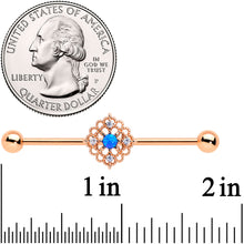 Load image into Gallery viewer, 14G Blue Synth Opal Rose Gold Tone Lacy Industrial Barbell 38mm
