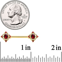 Load image into Gallery viewer, 14G 9/16 Red Gem Gold Tone Rich Rhombus Barbell Nipple Ring Set
