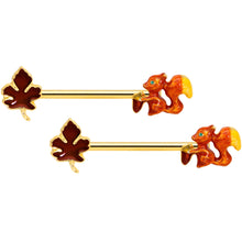 Load image into Gallery viewer, 14G 9/16 Gold Tone Happy Squirrel Autumn Barbell Nipple Ring Set

