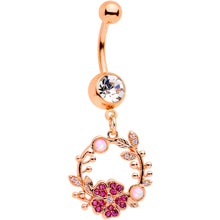 Load image into Gallery viewer, White Synthetic Opal Rose Gold Tone Pink Flower Dangle Belly Ring
