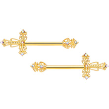 Load image into Gallery viewer, 14G 9/16 Clear CZ Gem Gold Tone Scrolling Cross Nipple Ring Set
