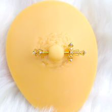Load image into Gallery viewer, 14G 9/16 Clear CZ Gem Gold Tone Scrolling Cross Nipple Ring Set
