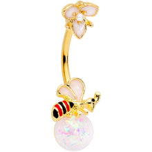 Load image into Gallery viewer, White Faux Opal Gold Tone Insect Flower Belly Ring
