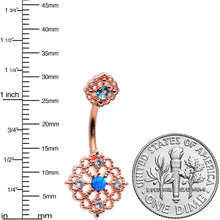 Load image into Gallery viewer, Blue Synthetic Opal Rose Gold Tone Lacy Double Mount Belly Ring
