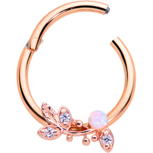 Load image into Gallery viewer, 16G 3/8 White Faux Opal Rose Gold Tone Leaves Hinged Segment Ring
