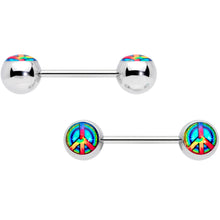 Load image into Gallery viewer, 14G 9/16 Rainbow Tie Dye Peace Sign Barbell Nipple Ring Set

