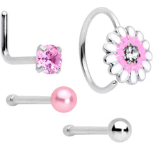 Load image into Gallery viewer, 20G 5/16 1/4 Pink CZ Gem Daisy Nose Hoop Bone L Shape Set of 4
