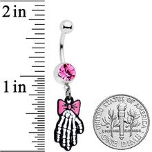 将图片加载到图库查看器，Pink Gem Skeleton Hand Bow Halloween Dangle Belly Ring
