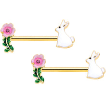 Load image into Gallery viewer, 14G 9/16 Pink Gem Gold Tone Easter Bunny Flower Nipple Ring Set
