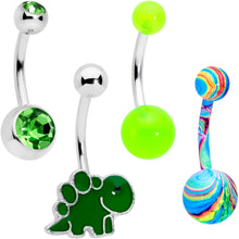 Load image into Gallery viewer, Green Gem UV Glow Color Swirl Dinosaur Belly Ring Set of 4
