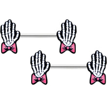 Load image into Gallery viewer, 14G 9/16 Skeleton Hand Bow Halloween Barbell Nipple Ring Set
