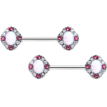 Load image into Gallery viewer, 14G 9/16 White Synthetic Opal Glam Oval Barbell Nipple Ring Set
