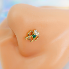 Load image into Gallery viewer, 20G 1/4 Green Synthetic Opal Gold Tone Shamrock St Pats Nose Bone

