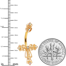 Load image into Gallery viewer, Clear CZ Gem Gold Tone Scrollwork Cross Belly Ring
