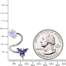 Load image into Gallery viewer, Clear CZ Gem Flower Blue Butterfly Spiral Twister Belly Ring
