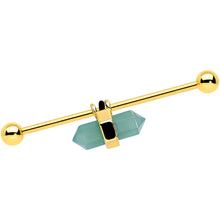 Load image into Gallery viewer, 14G Gold Tone Green Gem Groovy Stone Hippie Industrial Barbell 38mm
