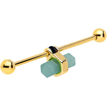 Load image into Gallery viewer, 14G Gold Tone Green Gem Groovy Stone Hippie Industrial Barbell 38mm
