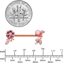 Load image into Gallery viewer, 14G 9/16 White Synth Opal Rose Gold Hue Leaf Flower Nipple Ring Set
