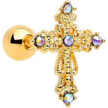 Load image into Gallery viewer, 16G 1/4 Aurora CZ Gem Gold Tone Elegant Cross Cartilage Tragus
