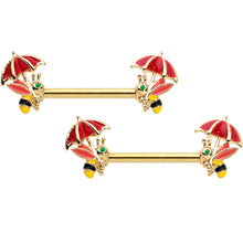 Load image into Gallery viewer, 14G 9/16 Gold Tone Rainy Day Umbrella Bee Barbell Nipple Ring Set
