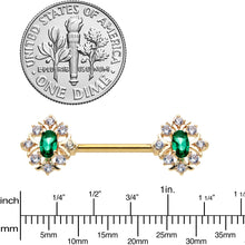 Load image into Gallery viewer, 14G 1/2 Clear Green Gem Gold Hue Art Deco Barbell Nipple Ring Set
